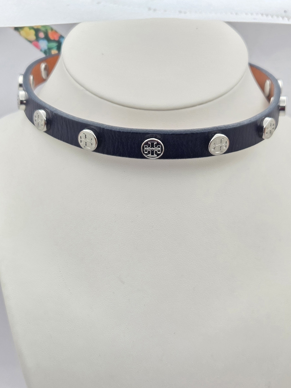 Tory Burch Navy Leather Studded Choker Necklace Double Wrap Bracelet Silver Tone